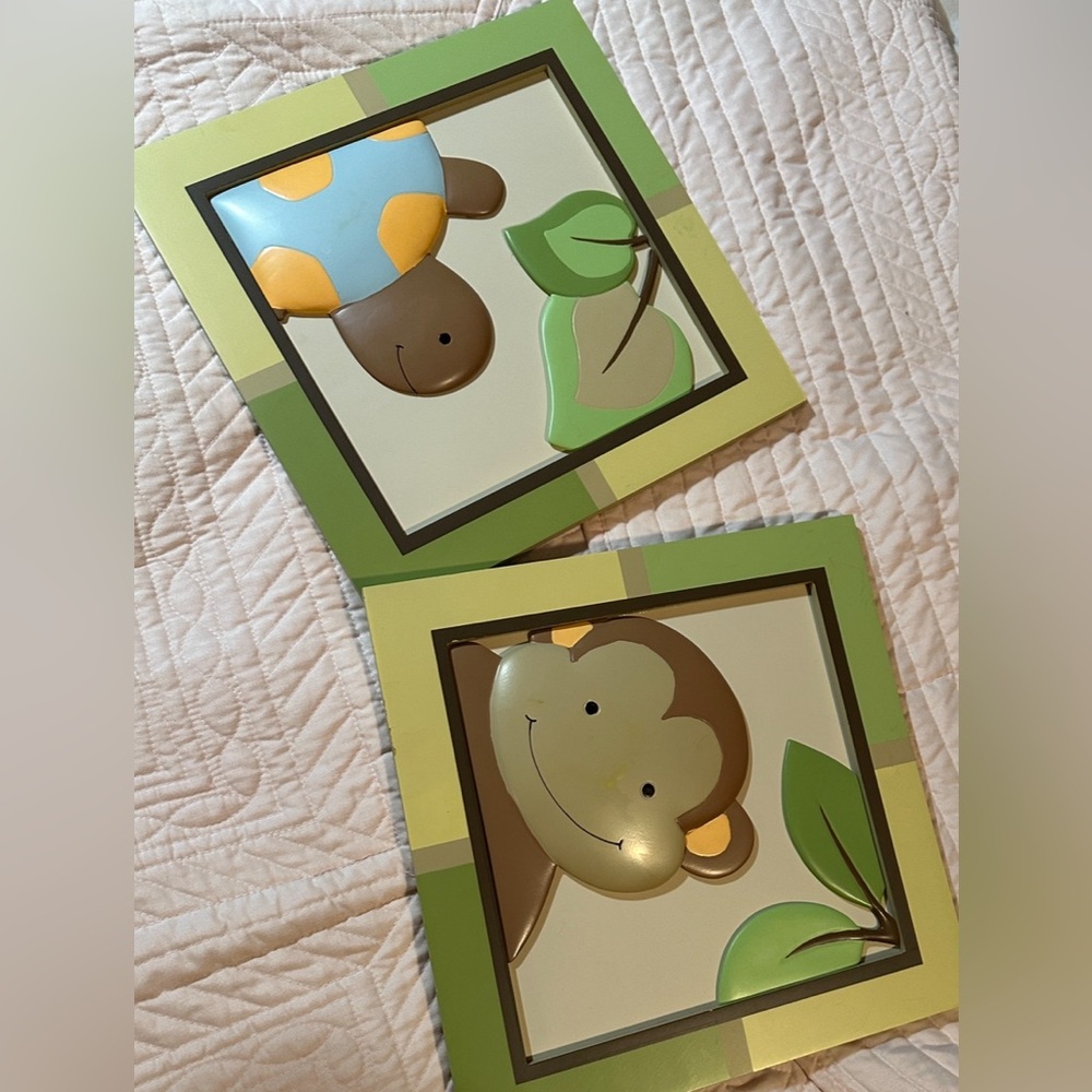 Set of 2 Papagayo by Lambs & Ivy Pictures of Turtle and Monkey, NEW
